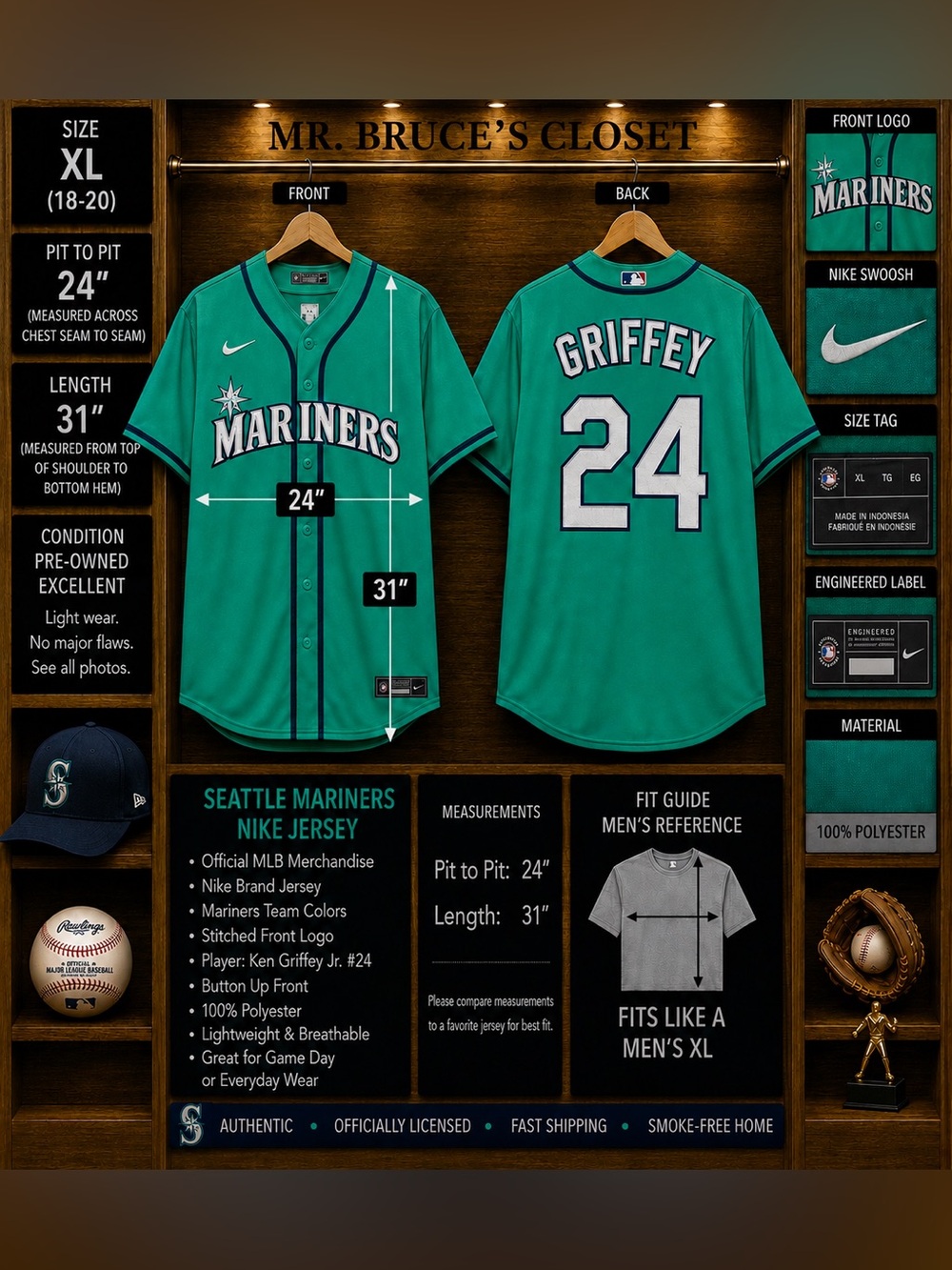 Nike Seattle Mariners Green Ken Griffey Jr. Button-Up Jersey #24